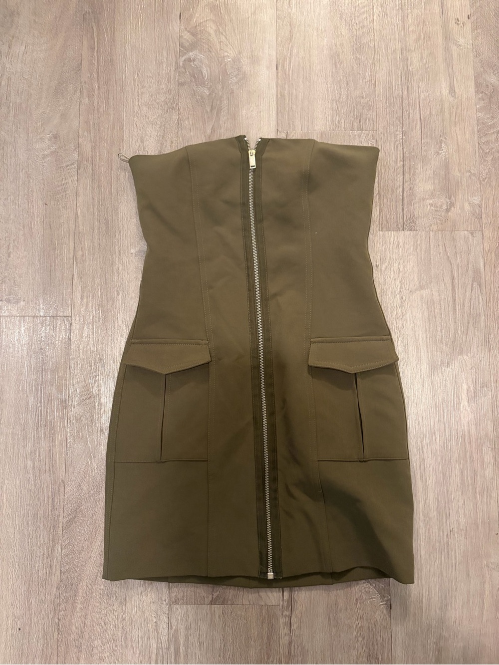 Zara Strapless Olive Utility Zip Dress